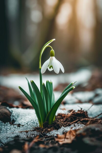 Visualiza un Martisor elegante y sencillo junto a una sola gota de nieve en flor.