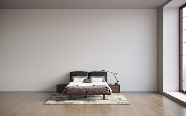 Visualização 3D de uma cama de casal com mesinhas de cabeceira em um interior minimalista. Ilustração 3D