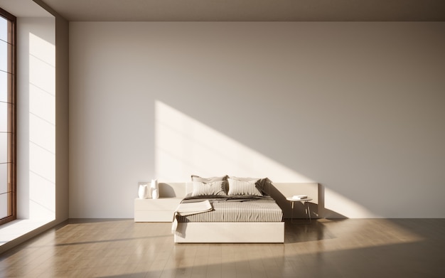 Visualização 3D de uma cama de casal com mesinhas de cabeceira em um interior minimalista. Ilustração 3D