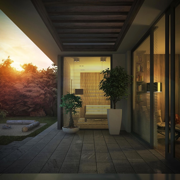 Visualização 3D de uma casa moderna com um grande terreno. Casa com janelas panorâmicas. arquiteto de luxo