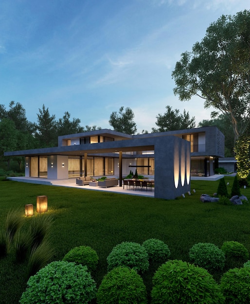Visualização 3D de uma casa moderna com uma fachada única. Casa em estilo moderno. arquitetura