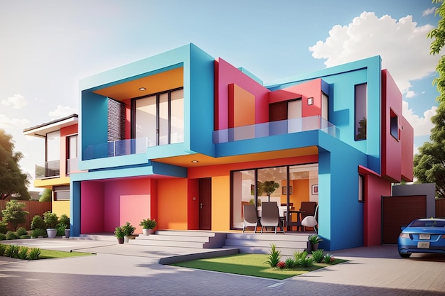 Visualização 3D de uma casa moderna em cores brilhantes design de fachada de casa arquitetura moderna