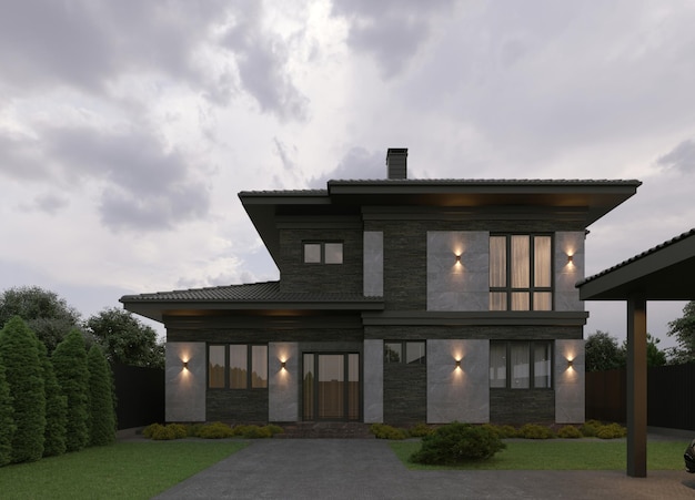 Visualização 3D de uma casa moderna fachada de tijolos telhas de porcelana na fachada janelas panorâmicas