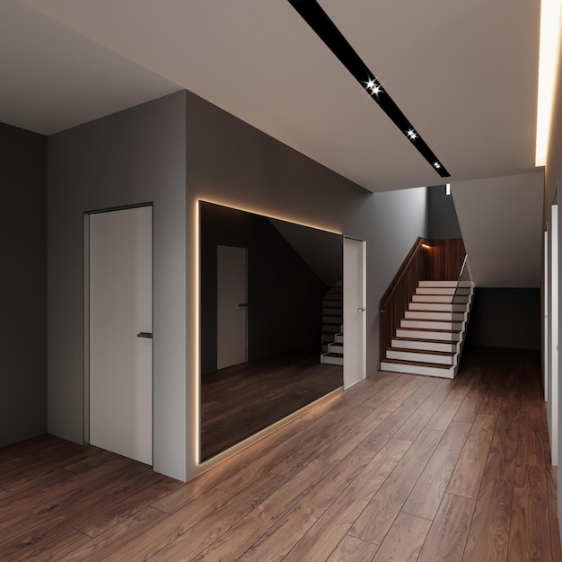 Visualização 3D de uma sala de estar moderna. Conceito de interiores. Interior de casa de luxo