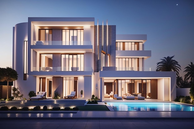 Visualização 3D de uma villa em Dubai arquitetura moderna iluminação noturna da fachada