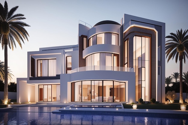 Visualização 3D de uma villa em Dubai arquitetura moderna iluminação noturna da fachada