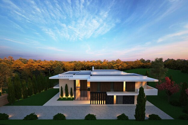 Visualização 3D de uma villa moderna com janelas panorâmicas. Casa grande com terraço e vista para t