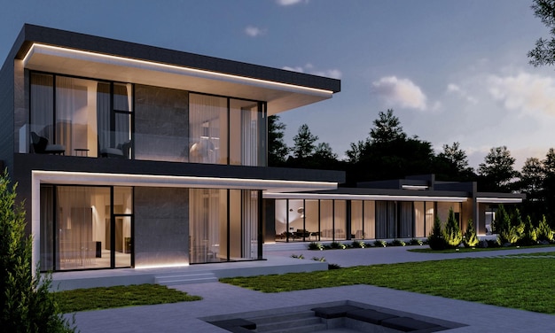 Visualização 3D de uma vivenda de luxo em estilo moderno. casa de luxo