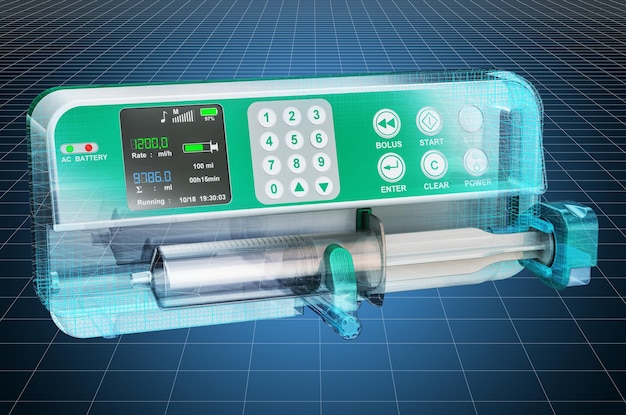 Visualização 3d modelo cad de renderização 3D de planta de bomba de infusão de seringa