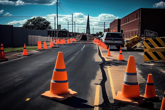 Foto visualização ao vivo da estrada sendo reparada com cones de tráfego de asfalto fresco e barreiras no lugar