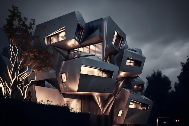 Visualização criativa de design de arquitetura experimental com arte gerada por rede neural de iluminação noturna