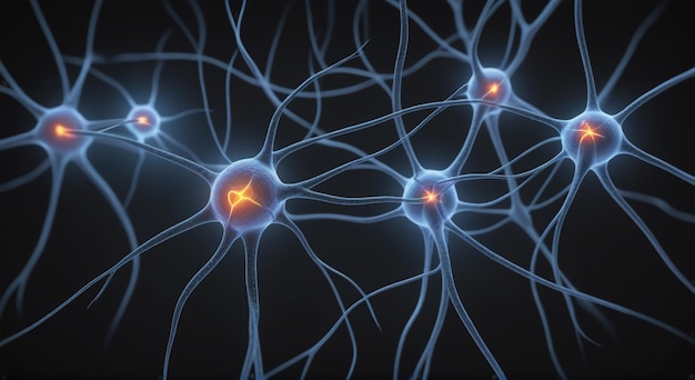 Visualização da Doença do Sistema de Células Neuronais Imagem renderizada em 3D de uma rede de células neuronais interconectadas