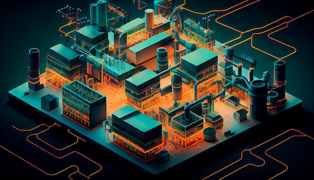 Visualização da rede de fábrica inteligente conectada por IA generativa da Internet das coisas