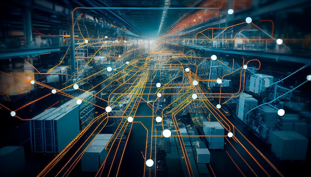 Visualização da rede de fábrica inteligente conectada por IA generativa da Internet das coisas