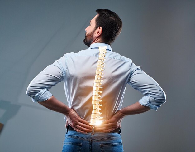 Foto visualização da saúde espinhal homem com dor nas costas com representação brilhante da coluna vertebral enfatizando a estrutura complexa e a vulnerabilidade da região espinhal