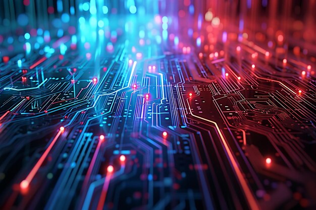 visualização de fluxo de dados futurista com luzes de néon azuis e vermelhas brilhantes em uma placa de circuito