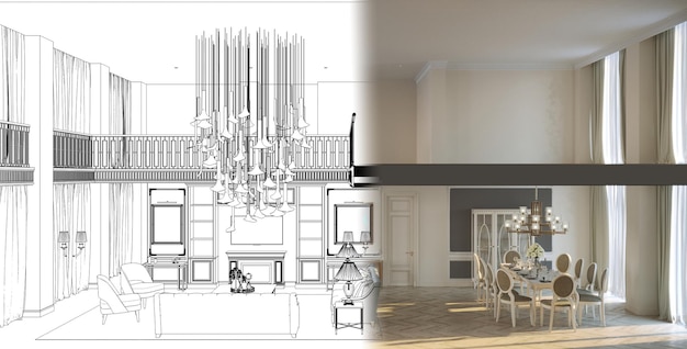 Foto visualização de interiores residenciais, ilustração 3d