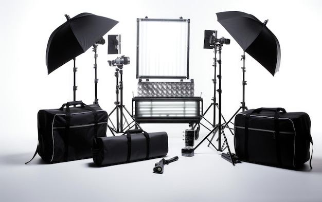 Foto visualização de kit de iluminação de vídeo profissional em fundo branco