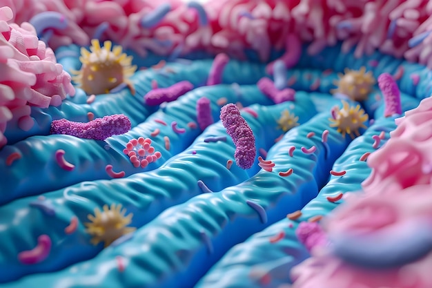 Visualização de probióticos que aumentam o crescimento de bactérias intestinais benéficas em um modelo D do microbioma Conceito Probióticos Microbioma Intestinal Bactérias Benéficas Modelo 3D Aumento do Crescimento