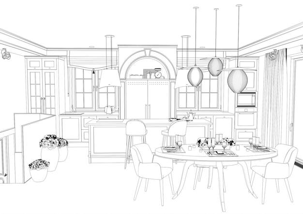 Visualização de um interior moderno residencial em um esboço de ilustração 3D de estilo clássico
