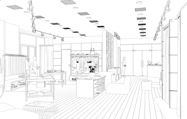 Visualização do contorno da loja de roupas ilustração 3d esboço esboço