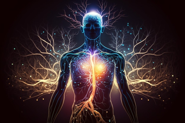 Visualização do corpo humano com neurônios brilhantes Ilustração de IA gerativa
