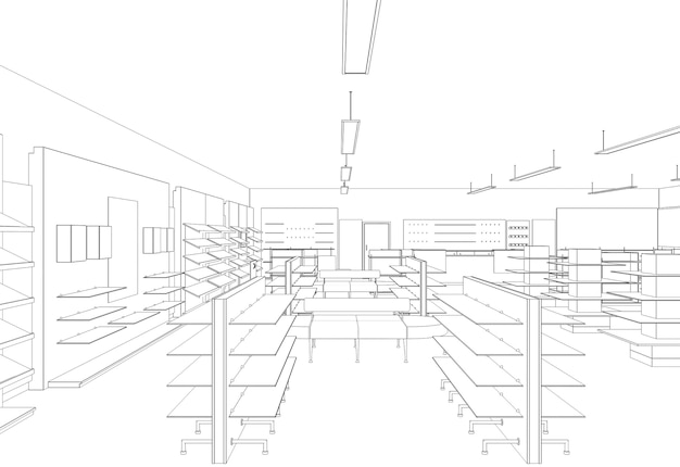 visualização do interior da loja nas instalações comerciais ilustração 3d esboço esboço