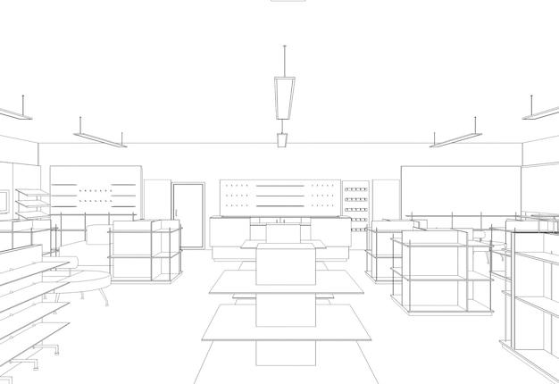 visualização do interior da loja nas instalações comerciais ilustração 3d esboço esboço