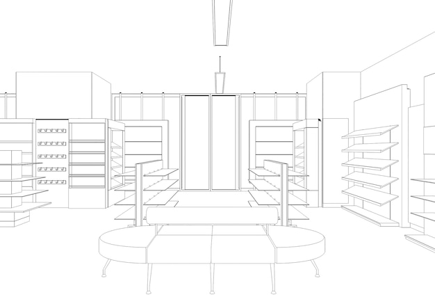 visualização do interior da loja nas instalações comerciais ilustração 3d esboço esboço