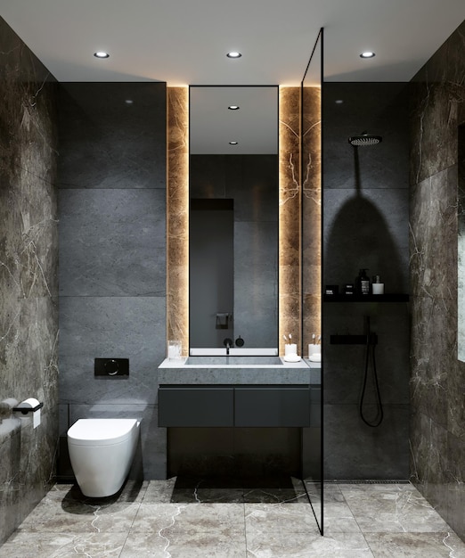 Foto visualización 3d de un baño moderno. concepto de interiores. diseño de interiores