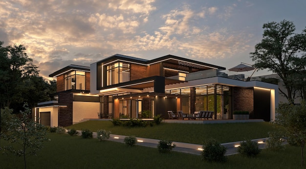 Visualización 3D de una casa moderna en el bosque con cochera. arquitectura de lujo