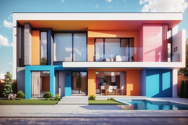 visualización 3d de una casa moderna en colores brillantes diseño de fachada de la casa arquitectura moderna