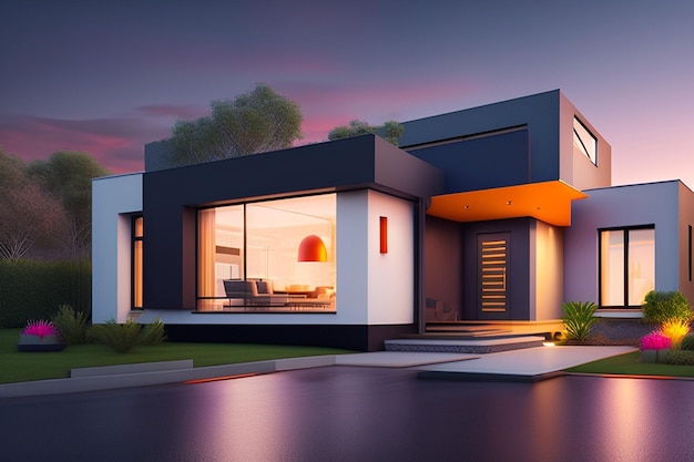 Visualización en 3d de una casa moderna en colores brillantes diseño de fachada de casa arquitectura moderna