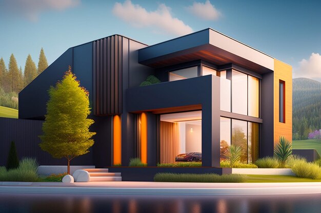 Visualización en 3d de una casa moderna en colores brillantes diseño de fachada de casa arquitectura moderna