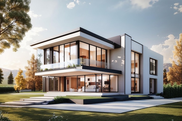 visualización 3d de una casa moderna con una gran parcela casa con ventanas panorámicas arquitecto de lujo