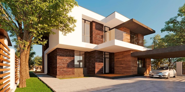 Visualización 3D de una casa moderna. Iluminación nocturna. Casa con terraza y azotea