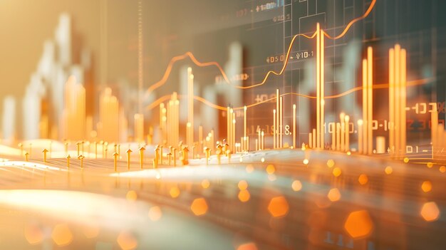 Visualización 3D compuesta de pronósticos financieros con flechas de tejido que proyectan el éxito