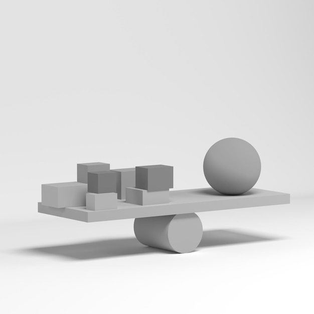 Visualización 3D del equilibrio de formas geométricas Equilibrio de cubos y bolas monocromáticos grises