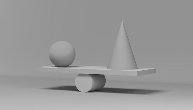 Visualización 3d de formas geométricas equilibradas sobre un fondo gris