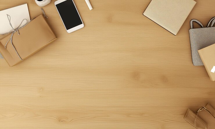 Visualización 3D de una mesa de madera de pino con artículos esenciales para comprar, incluido un teléfono inteligente