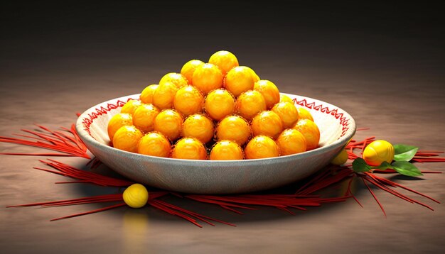 una visualización en 3D de un solo dulce tradicional indio como el laddu o el jalebi