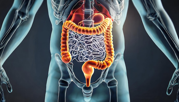 Foto visualización 3d del tracto anterior del intestino grueso humano en el sistema digestivo con ia generativa