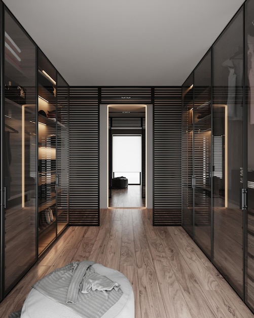 Visualización 3D de un vestidor moderno. Interior oscuro moderno