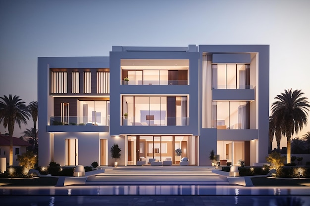 Visualización 3D de una villa en Dubai, arquitectura moderna, iluminación nocturna de la fachada.