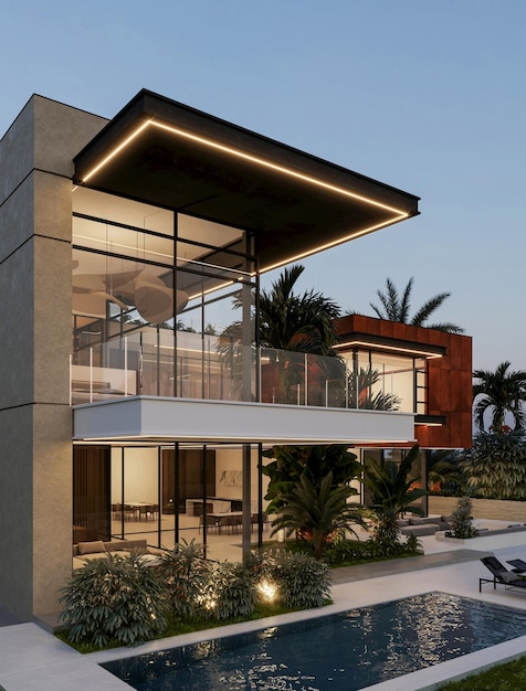 Visualización 3D de una villa en Dubai. Arquitectura moderna. Iluminación nocturna de la fachada.