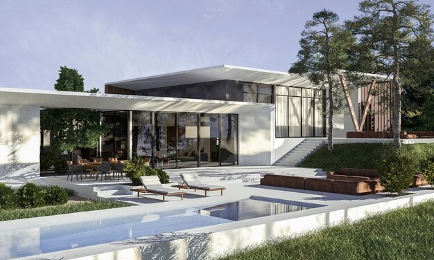 Visualización 3D de una villa de lujo de estilo moderno. casa lujosa