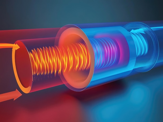 Visualización abstracta de la comunicación por fibra óptica con colores vibrantes y efectos de luz láser