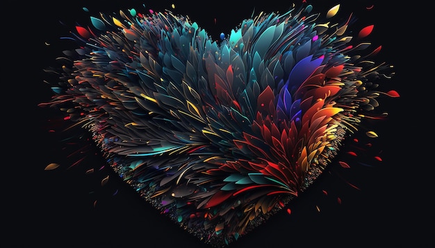 Visualización abstracta de corazones multicolores sobre un fondo oscuro utilizando tecnología de IA generativa