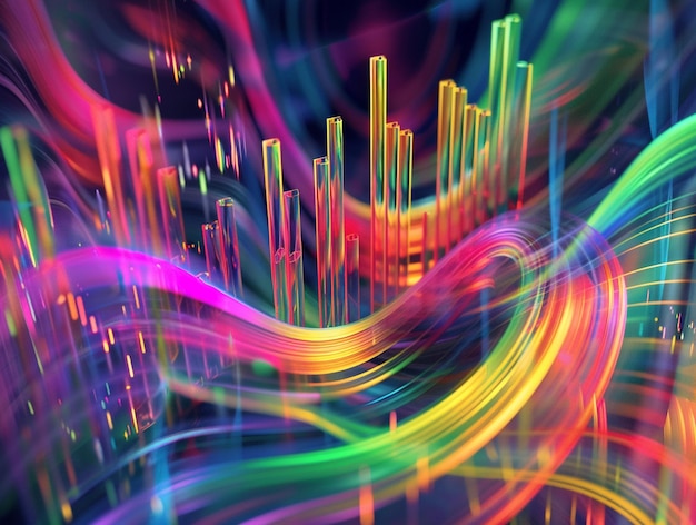 Visualización abstracta vibrante con ondas coloridas y patrones de candelabros