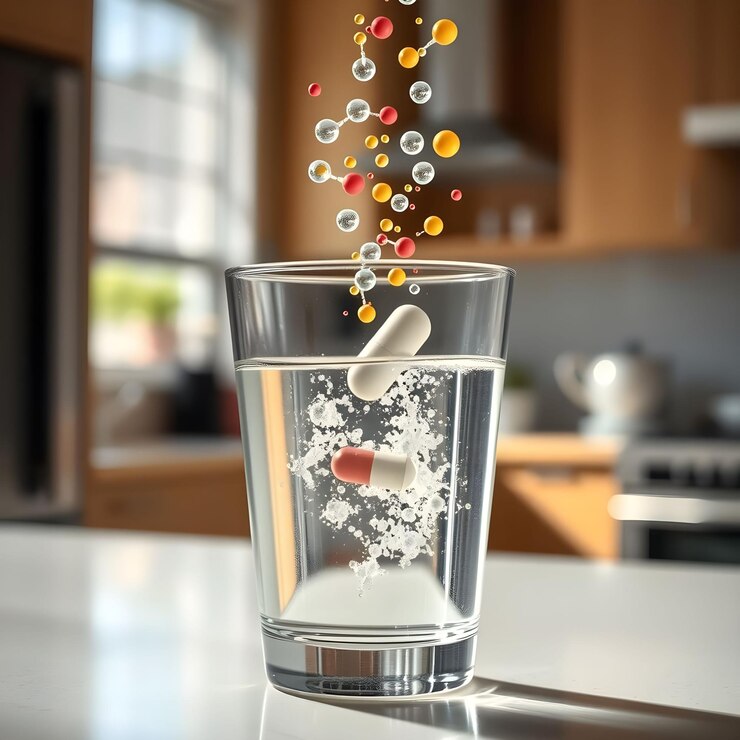 Visualización de avances farmacéuticos Píldoras de colores salpicando en un vaso de agua